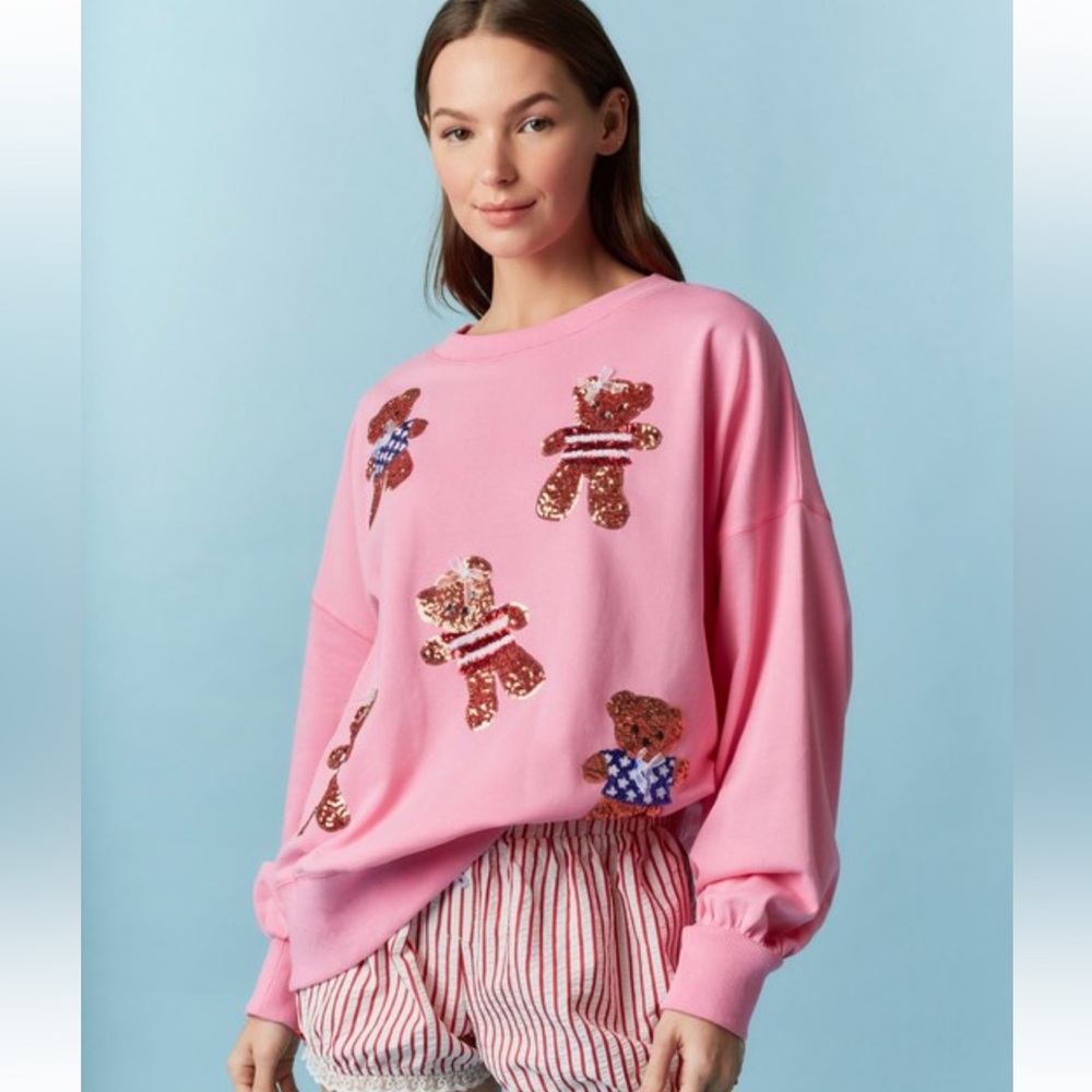 922. Sequin teddy bear USA crewneck sweatshirt in pink